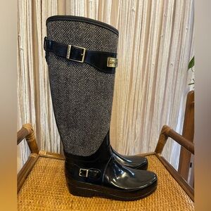 Hunter Regent Apsley Herringbone Rain Boots black gloss finish size 6 equestrian